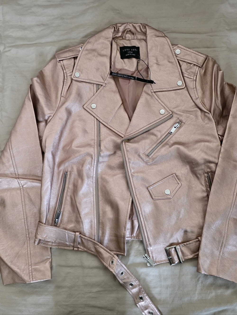 Love Tree Metallic Rose-Gold Moto Jacket
